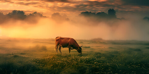 Fototapeta na wymiar Idyllic Countryside Scene Grazing Cows in the Green Pasture