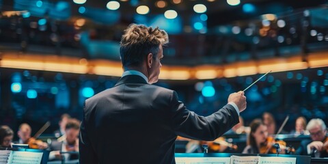 A conductor stands in front of a group of musicians, pointing to the stage. The scene is set in a large auditorium, with the conductor and musicians all dressed in formal attire - obrazy, fototapety, plakaty