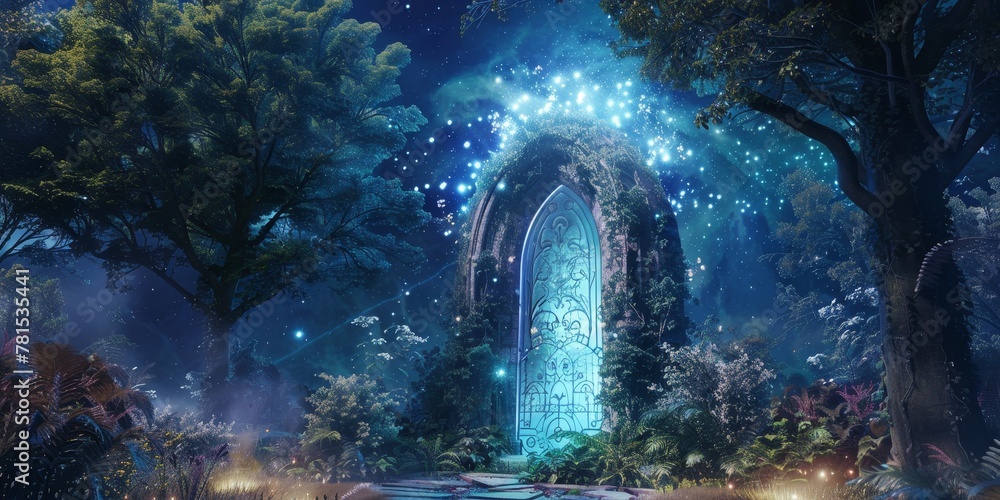 Aufkleber a forest with a large blue door in the middle. the door is surrounded by vines and has a glowing lig