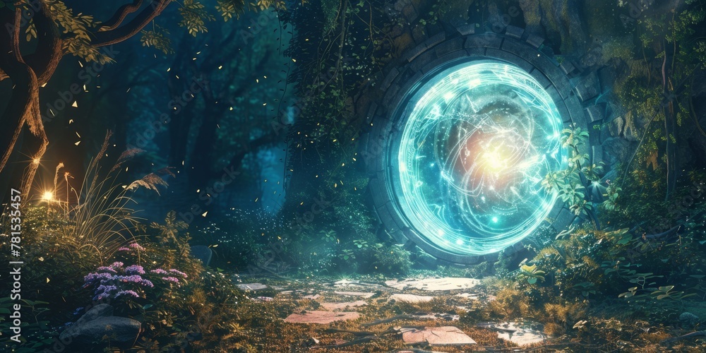 Poster a forest with a large blue orb in the middle. the orb is surrounded by trees and bushes
