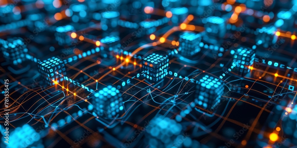 Poster a computer chip with blue and orange squares. the squares are connected to each other in a grid