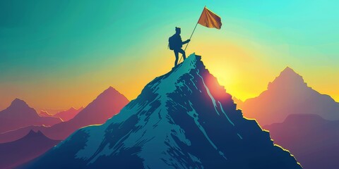A man is standing on top of a mountain with a flag in his hand. The flag is orange and white. The sky is blue and the sun is setting. Concept of accomplishment and triumph - obrazy, fototapety, plakaty