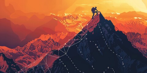 A mountain climber is scaling a mountain with a path of numbers on the side. Concept of determination and perseverance as the climber faces the challenge of reaching the summit - obrazy, fototapety, plakaty