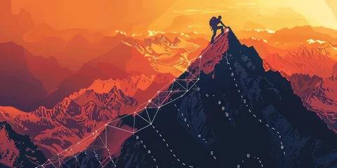 Photo sur Plexiglas Orange A mountain climber is scaling a mountain with a path of numbers on the side. Concept of determination and perseverance as the climber faces the challenge of reaching the summit
