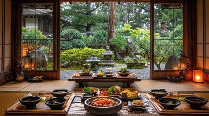 Mount Koya Temple Lodgings A Peaceful Vegetarian Meal Embracing Buddhist Compassion and Mindfulness - obrazy, fototapety, plakaty