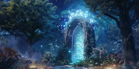 A forest with a large blue door in the middle. The door is surrounded by vines and has a glowing light on it. The scene is peaceful and serene, with the trees and vines creating a sense of calm - obrazy, fototapety, plakaty