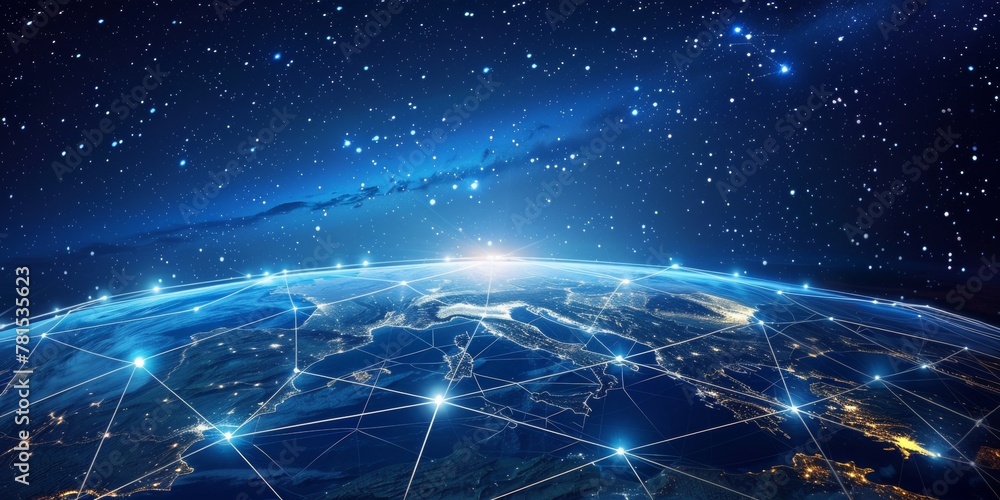 Poster a blue and white image of the earth with a network of lines connecting the continents. concept of in