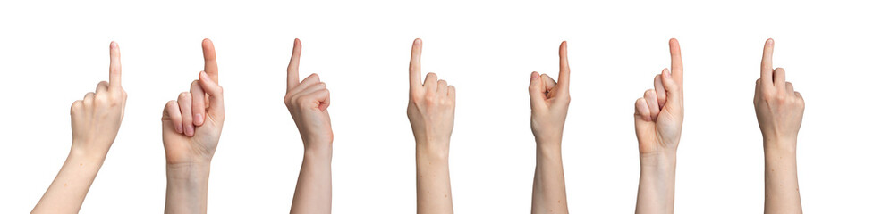 Index fingers pointing up, showing upwards, indicating to top, isolated on white background,...