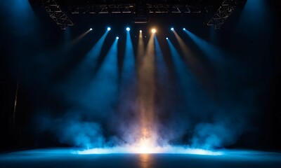 Misty stadium stage bathed in dramatic light. Smoke swirls, illuminated by spotlights. Intense...