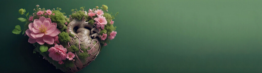 a heart covered with green moss and pink flowers on a green background - obrazy, fototapety, plakaty