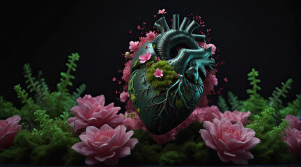 an anatomically shaped heart made of black clay and covered with moss and small pink flowers
