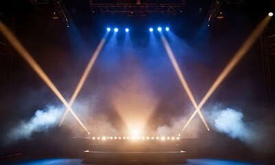 Dramatic blank stage bathed in spotlights. Smoke billows, illuminated from within. Light defines the space, a sense of mystery show