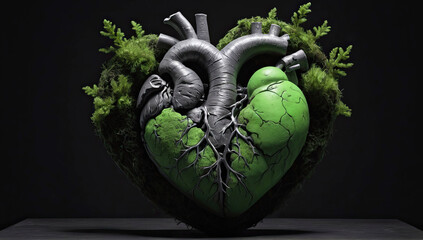 Anatomically shaped heart covered with moss in harsh studio lighting on a black background