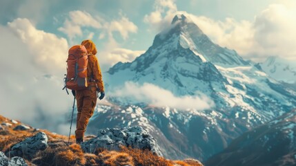 Intrepid Hiker Braving the Elements Atop a Majestic Snow Capped Mountain Peak Embracing the Challenges and Wonders of Outdoor - obrazy, fototapety, plakaty