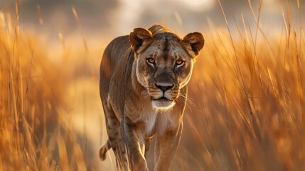 A lion prowls through tall savanna grass