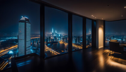 Fototapeta premium Empty room. Skyscraper interior. Buildings of the city center from the window of a high-rise building at night. Beautiful expensive real estate overlooking the night metropolis,