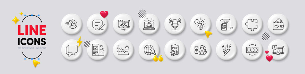 Microphone, Timer and Change money line icons. White buttons 3d icons. Pack of Ranking stars, Documents, Time management icon. Inspect, Best manager, Lightning bolt pictogram. Vector