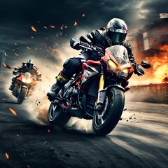 In the heart-pounding world of motocross racing, a fearless rider revs their motorcycle engine, ready to tackle the rugged terrain ahead.  - obrazy, fototapety, plakaty