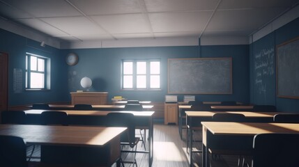 Empty chairs in classroom no student and teacher in public school with different nature over light from windows and shadow. Soft Vintage Style. High quality photo