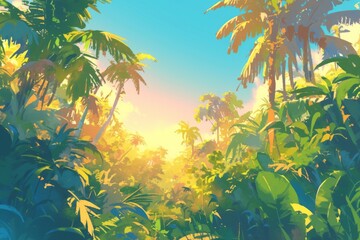 Fototapeta na wymiar Illustration of a wild tropical jungle in bright colors, the rays of the bright sun penetrate through the palm trees and plants
