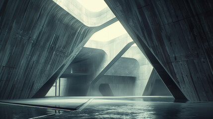 Moody concrete architectural interior with curved structures