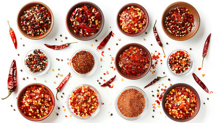 Collage of red chili flakes on white background, top view