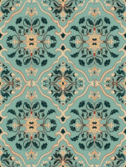 Seamless light blue pattern with ornamental flowers. Vintage floral damask ornament. Soft color background for wallpaper, textile, carpet and any surface.  - 781537296