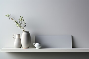 Fototapeta na wymiar Clean and modern setting featuring an empty white shelf on a monochromatic grey wall, ideal for product mock up display, copy space