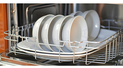 A silver dish rack with plates inside of it. The plates are white and there are five of them - obrazy, fototapety, plakaty