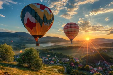Top view of green landscape and mountain valleys and town and colorful balloons flying in the sky