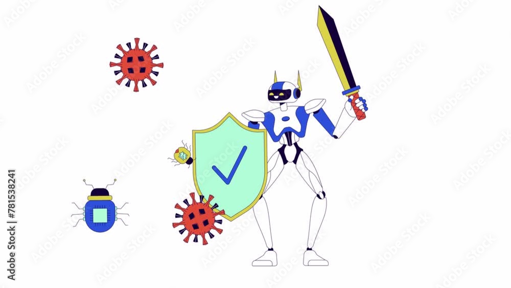 Poster ai cyber defense line 2d animation. robot shield virus bugs 4k video motion graphic. security guard.