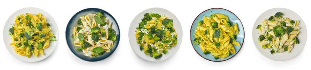 Collage of plates with tasty pasta and broccoli on white background, top view