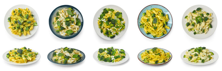 Collage of plates with tasty pasta and broccoli on white background