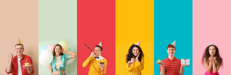 Group of happy people celebrating Birthday on color background