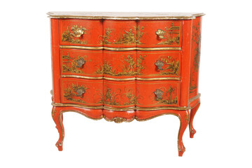 Classic chest of drawers with golden handles. Furniture for bedroom. Wooden commode. Object for...