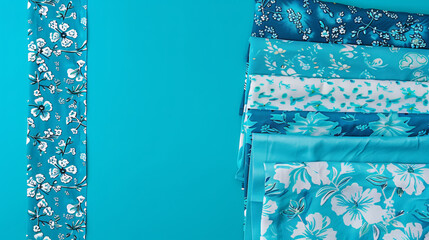A blue background with a white stripe and a row of blue floral fabric. The blue fabric is arranged in a stack, with the top one being the most visible
