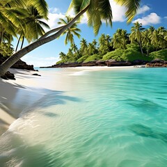 
In the idyllic paradise of a tropical beach, palm trees sway gently in the warm ocean breeze,...