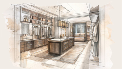 Elegant Walk-in Closet Design Concept Sketch for Modern Home - obrazy, fototapety, plakaty