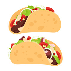 A set of delicious Mexican tacos stuffed with tomato, lettuce and minced meat.