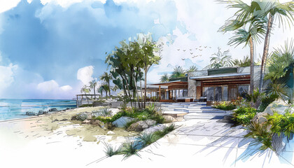 Exotic Beachfront Villa Concept in Watercolor Illustration