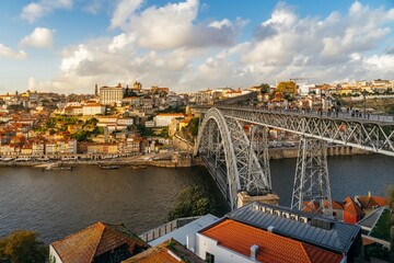 Porto, Portugal. October 30, 2023: Panoramic view of the old town and the famous Dom Louis I bridge...