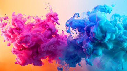 Two large clouds of colorful smoke, one pink and one blue. The smoke is swirling and mixing together, creating a dynamic and vibrant scene. colors of the smoke seem to be blending. matte vivid color - obrazy, fototapety, plakaty