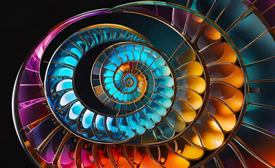 An abstract background of Fibonacci spirals seamlessly integrated into an unforgettable colorful backdrop. an overall design created using a combination of colors that gradually shift and flow along