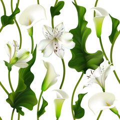 Tropical flowers. Beautiful seamless pattern of white callas and lilies. Floral background. Green leaves.