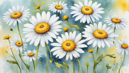 Whimsical daisies dancing on a watercolor canvas of pure white and dandelion yellow, spreading happiness and cheer.