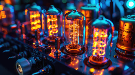 glowing vacuum electron tubes inside a Marshall amplifier - obrazy, fototapety, plakaty