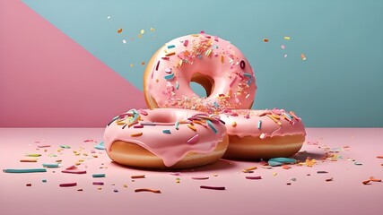  A digital illustration of three doughnuts with sprinkles against a pink backdrop filled with confetti. Inspired by the colorful and whimsical illustrations of Oh Joy! The scene features vibrant and d