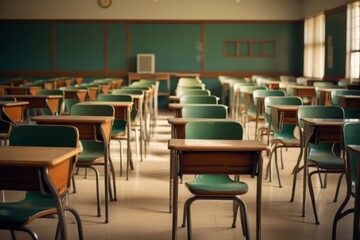 Empty chairs in classroom no student and teacher in public school with different nature over light from windows and shadow. Soft Vintage Style. High quality photo