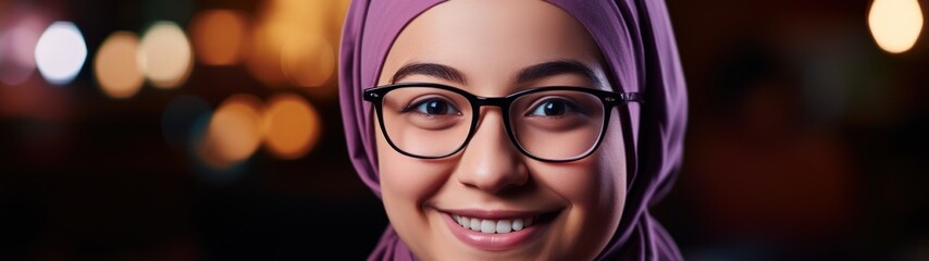 a woman wearing glasses and a headscarf - obrazy, fototapety, plakaty
