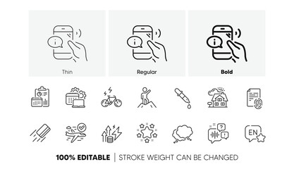 Stars, Report and Leadership line icons. Pack of Chemistry pipette, Speech bubble, Software icon. English, E-bike, Credit card pictogram. Confirmed flight, Fingerprint, Realtor. Line icons. Vector